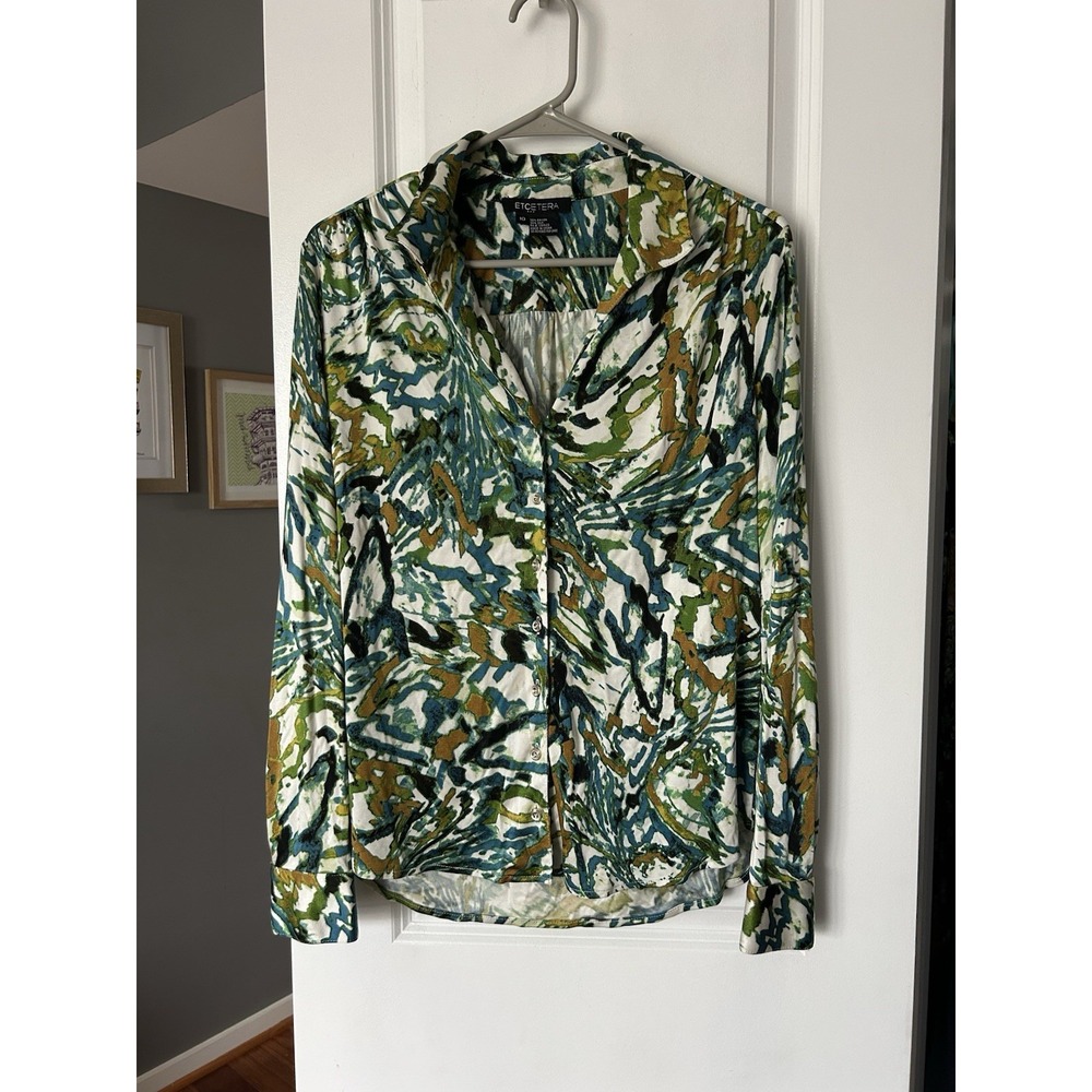 Etcetera Womens Long Sleeve Button Up Stretch Silk Blend Blouse Multicolor Sz 10